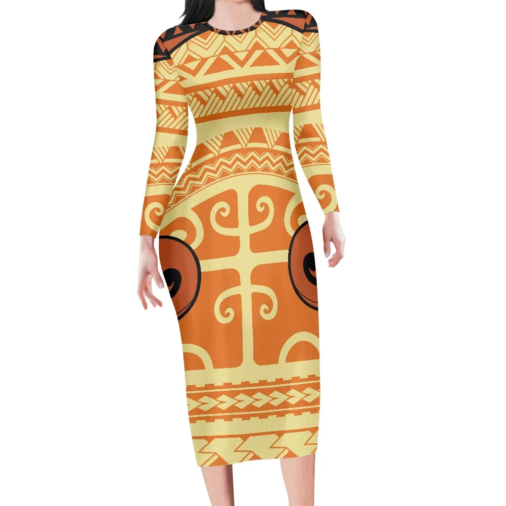 

Hot Style Long Sleeves Bodycon Slim Sexy Dress For Women Hawaii Polynesian Tribe Pattern Tattoo Print Design Party Soft Vestidos
