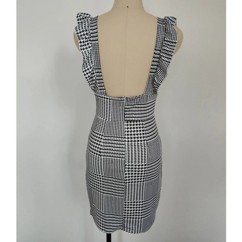 Женское платье в клетку с оборками-рюшами, сарафан с высокой талией, облегающий силуэт, мини-платье на вечеринку, отдых и повседневную носку, узор "собачий зуб" R112802.