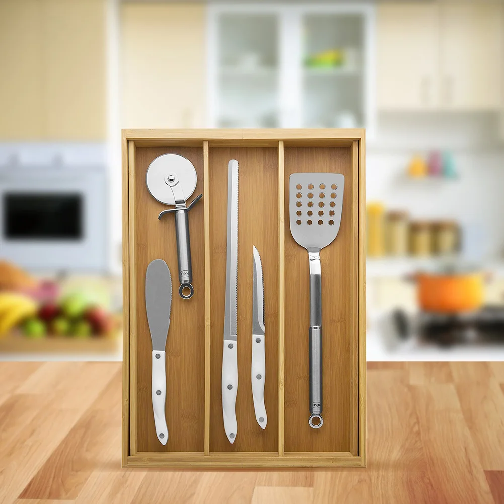 

Retractable bamboo drawer storage box for kitchen cutlery tray storage tray, product size : 30X36x5.5CM, fast delivery.