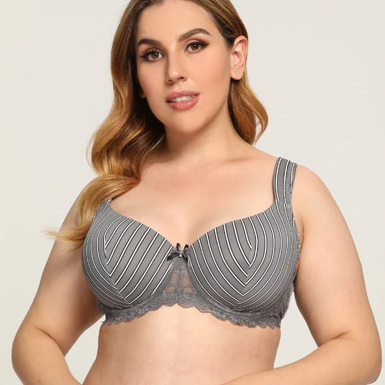 

New Plus Size Bra For Women Sexy Underwire Full Cup Breathable Striped Lace Push Up Underwear Thin Large Size Bra B C D E Cup