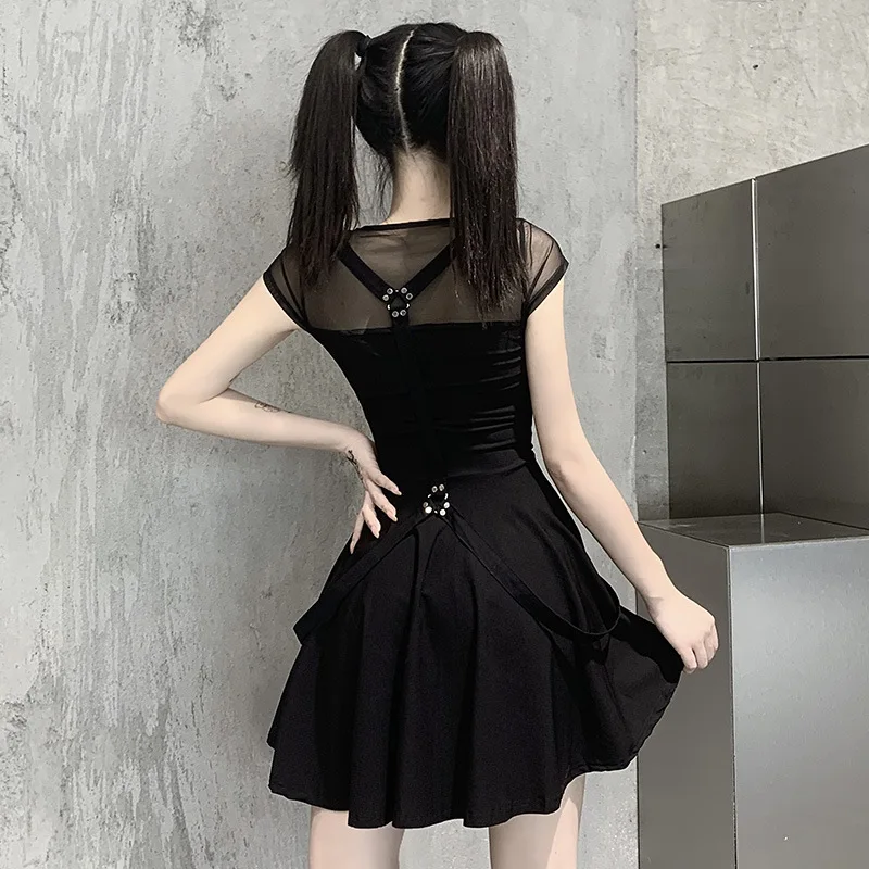 

Steampunk Corset Punk Women's Dress Dark Black Mesh Breathable Stitching Dress Summer Perspective Open Back Women's Skirt