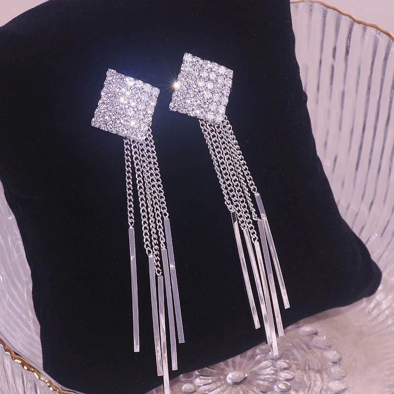 

New Shiny Rhinestone Crystal Drop Dangle Earrings for Women Bijoux Geometric Square Long Tassel Earrings Weddings Bride Jewelry