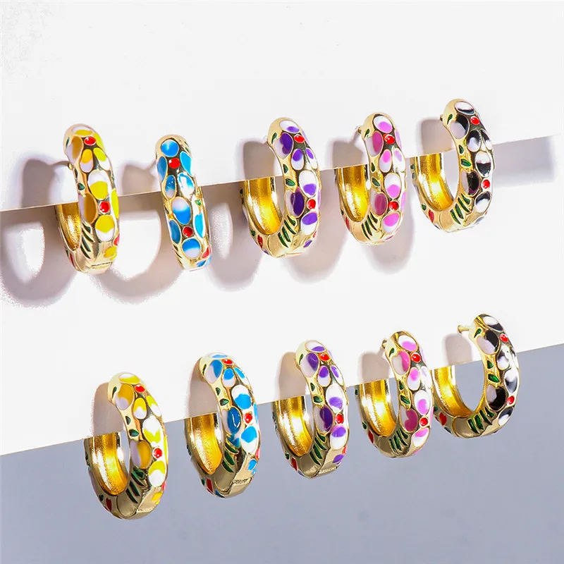 Top Quality Women Charm Enamel Small Hoop Earrings Elegant Statement Gold Color Copper Huggie Earring for Girls Wedding Jewelry