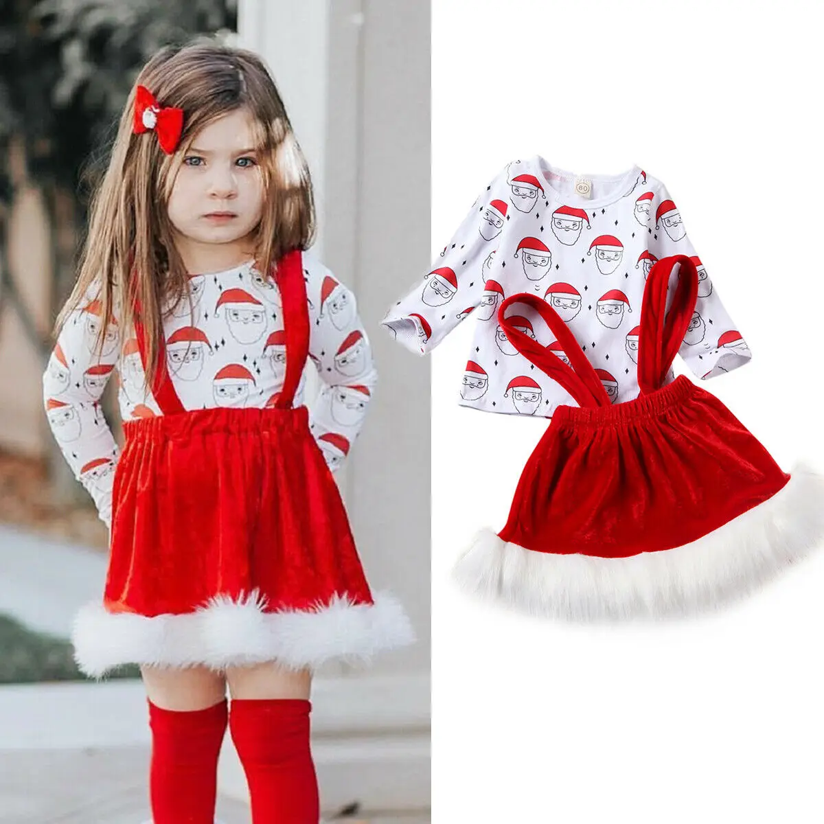 Рождественские комплекты одежды для маленьких девочек топ с длинными рукавами