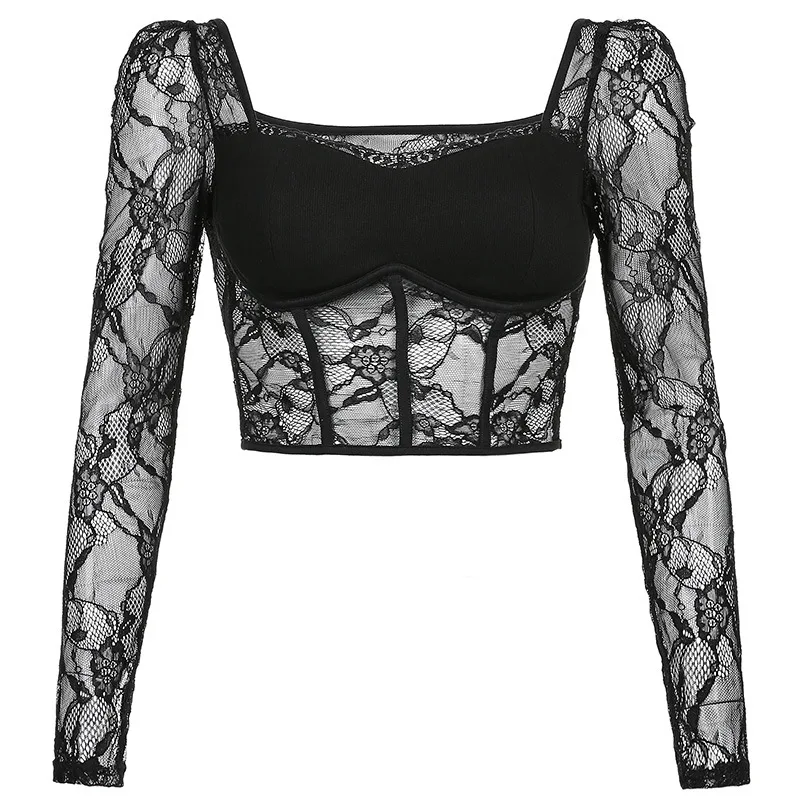 

Casual Patchwork Lace Hollow Out Women's Shirt Square Collar Puff Long Sleeve Ruched Slim Blouse Female Clothing New