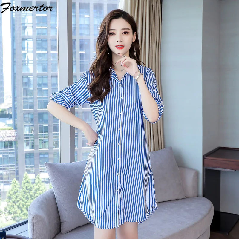 2021 женское синее платье в полоску офисное модное Повседневное с длинным рукавом