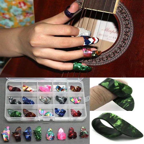 15pcs Celluloid Thumb Finger Guitar Picks Plectrum Case Multicolor New | Parts & Accessories