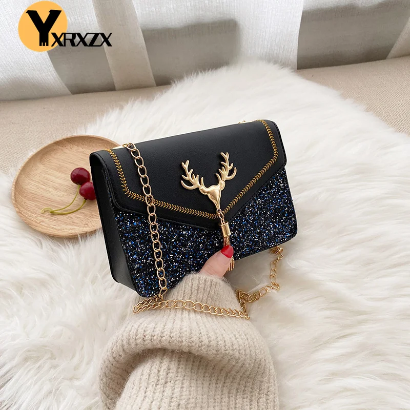 

Summer Fashion Women Mini Crossbody Bag Deer Head Tassel Sequins Key Phone Chain Shoulder Bag PU Leather Square Messenger Bag