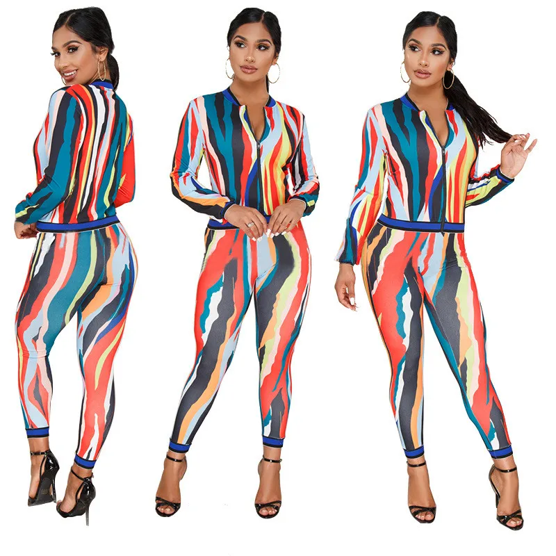 2020 New Fashion 2 Piece Set Women Sweat Suits Autumn Long Sleeve Printed Jackets and Pants Jogger Suit Casual Tracksuit |