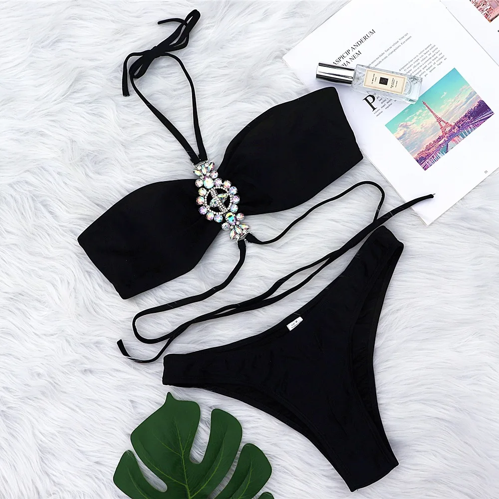 

2021 New Halter Neck Strap Female Split Swimsuit Luxury Crystal Diamond Bikini Sexy Swimsuit