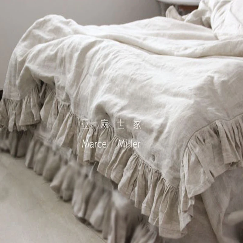 Льняная плоская простыня с двойными рюшами предварительно вымытая супер мягкая