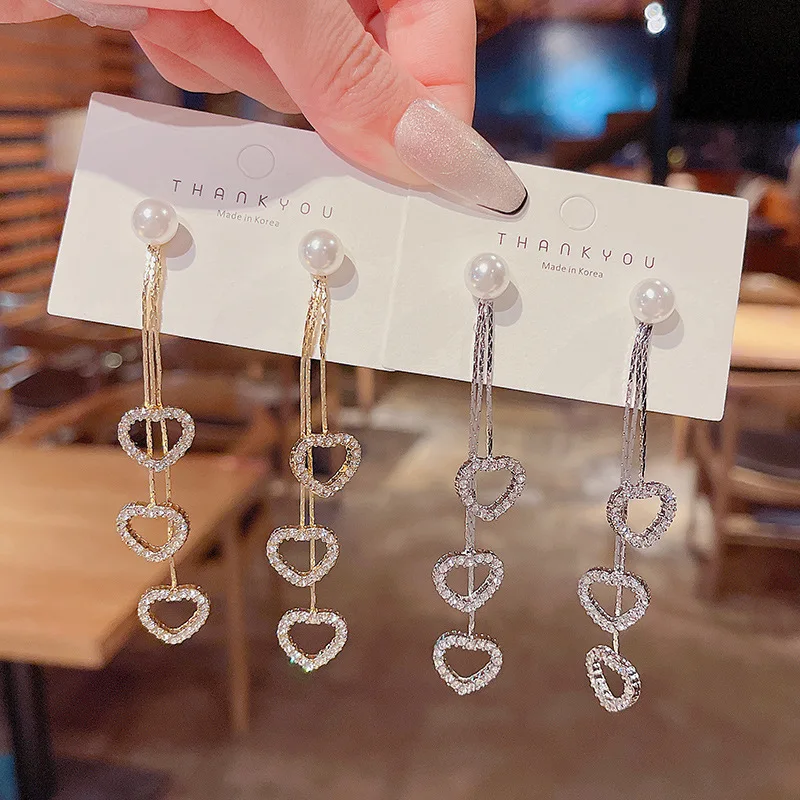 

2021 New Trend S925 Silvers Diamonds Inlaid Love Tassel Dangle Earrings Feminine Shining Metal Earrings Korean Jewelry for Women