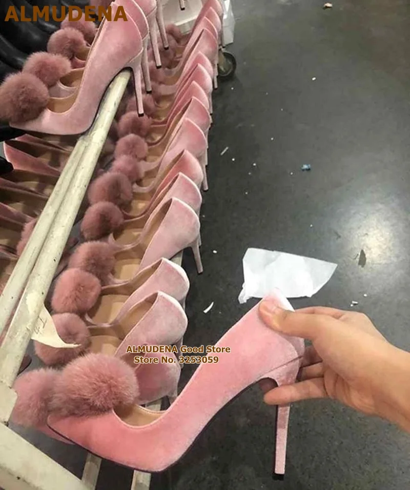 ALMUDENA Cute Big Pom Pom Wedding Shoes Olive Green Pink Velvet High Heel Pumps Slip-on Fluffy Fur Decorated Evening Prom Shoes