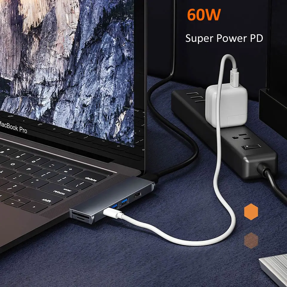 

USB Type C 3.1 to HDMI-compatible USB 3.0 Dock Hub 7 In 1 USB C Adapter 4K Video SD/TF Card Converter for Macbook Pro Air