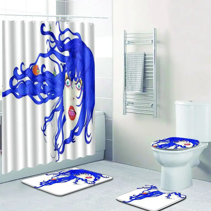Colorful Woman Printed Waterproof Bathroom Curtain Decoration Shower Anti-slip Carpet Set Toilet Pedestal Rug | Дом и сад