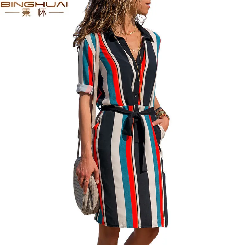 

Chiffon Dress 2019 Summer Striped A-line Print Boho Beach Dresses Women Long Sleeve Office Shirt Dress Mini Party Dress Vestidos