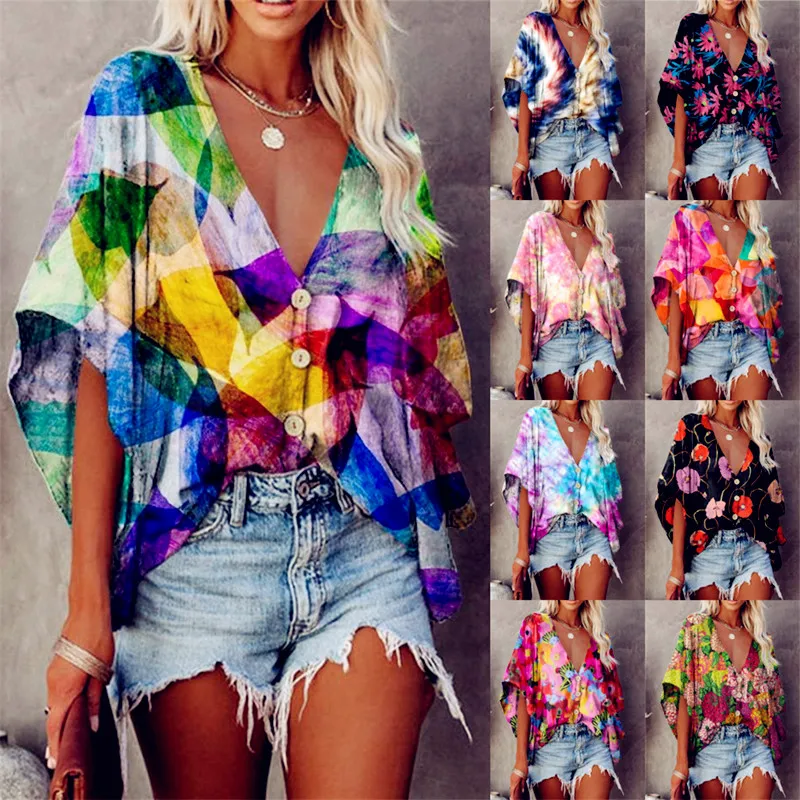 

2021 Sexy Women Summer Button Bating Ruffles Chiffon Tops Tees Plus Sizes Short Sleeve Casual Femme Blouse Shirt Befree Boho