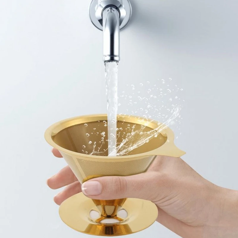 

2021 New Double Wall Stainless Steel Titanium Gold Pour over Coffee Dripper Filter with Cup Stand and Handle coffee filters