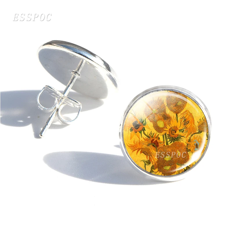 Серьги-гвоздики женские стеклянные с кабошоном изображением подсолнуха