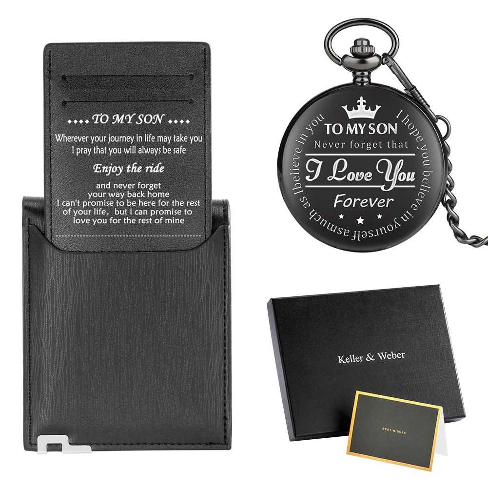 Pocket Watch Set To My Son I Love You Top Grade Gifts Set Chic Pendant Chain Quartz Clock Leather Black Wallet Present for Man bronze quartz to my son pocket watch vintage arab roman digital double scale dial pendant chain clock hours to kids gifts