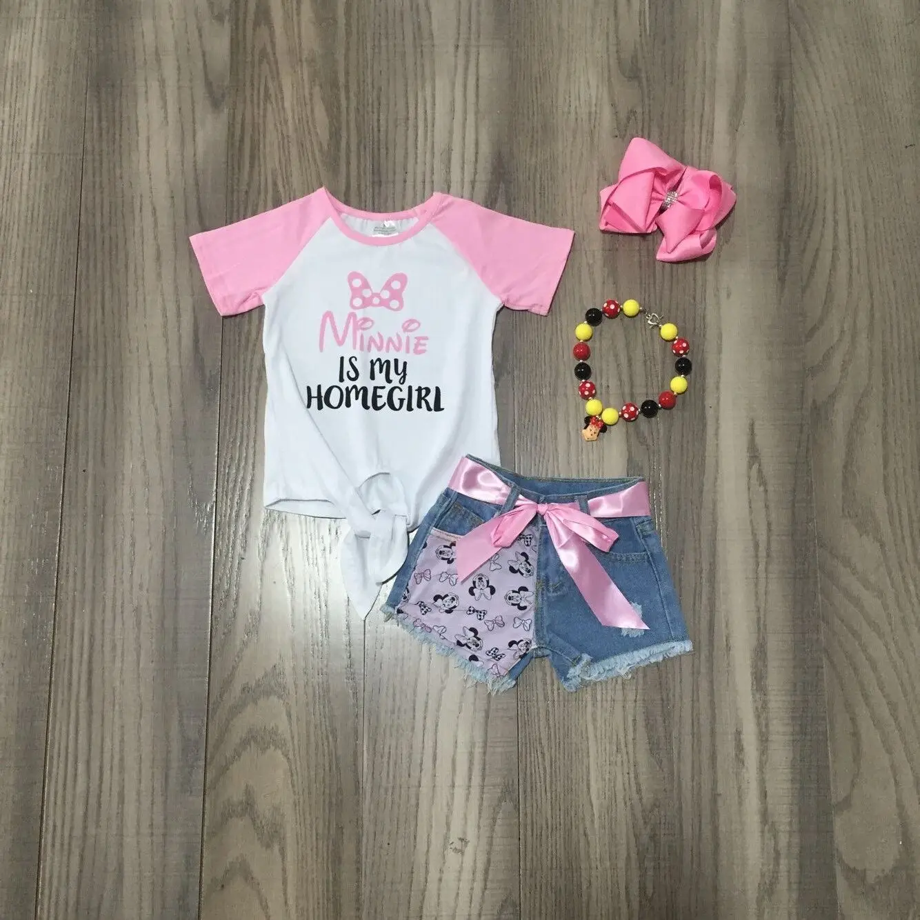 

Summer Baby Girls Pink White T Shirt Denim Shorts Mouse Jeans Outfit with Bow and Necklace