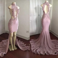 womens long chiffon formal evening dress high collar prom party gown lace appliques high low sweep train evening robe