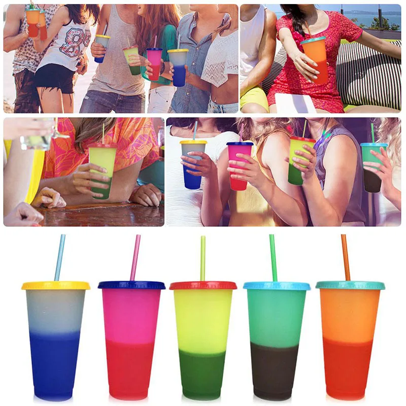 

20pcs 24oz Magic Color Changing Reusable Cold Cups Plastic Iced Tumbler Cold Drink Coffee Juice Travel Bottle Mug With Straw