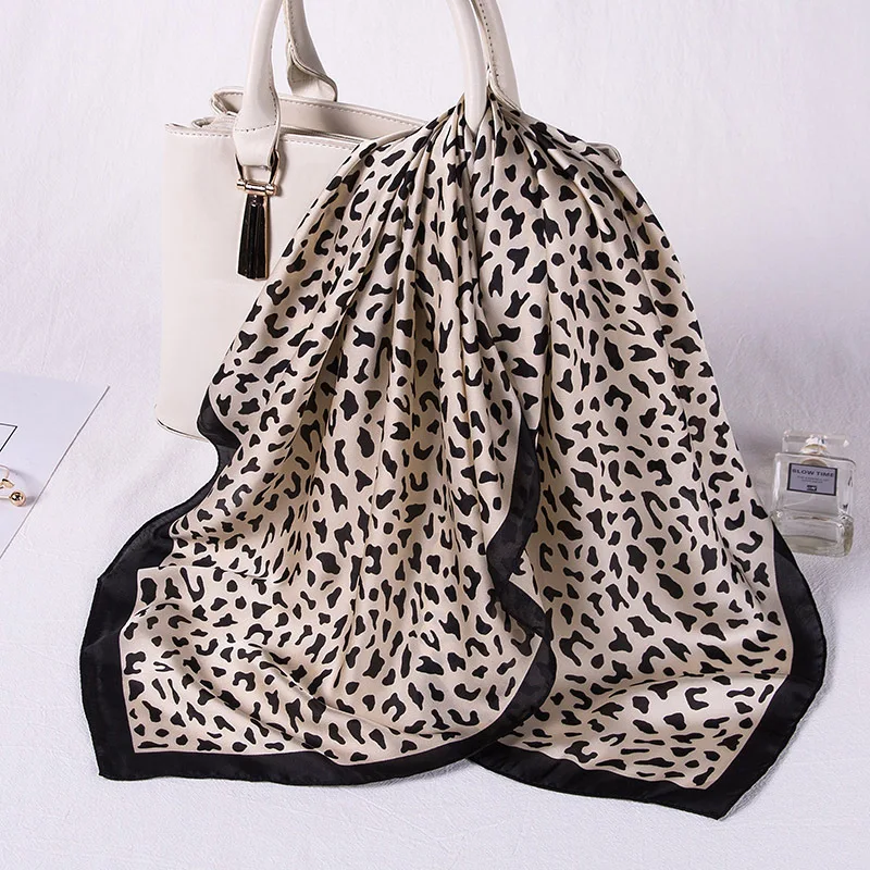 

70*70cm Luxury Women Multifunction Silk Scarf Sexy Leopard Prints Patchwork Satin Small Square Wraps Scarves Shawl
