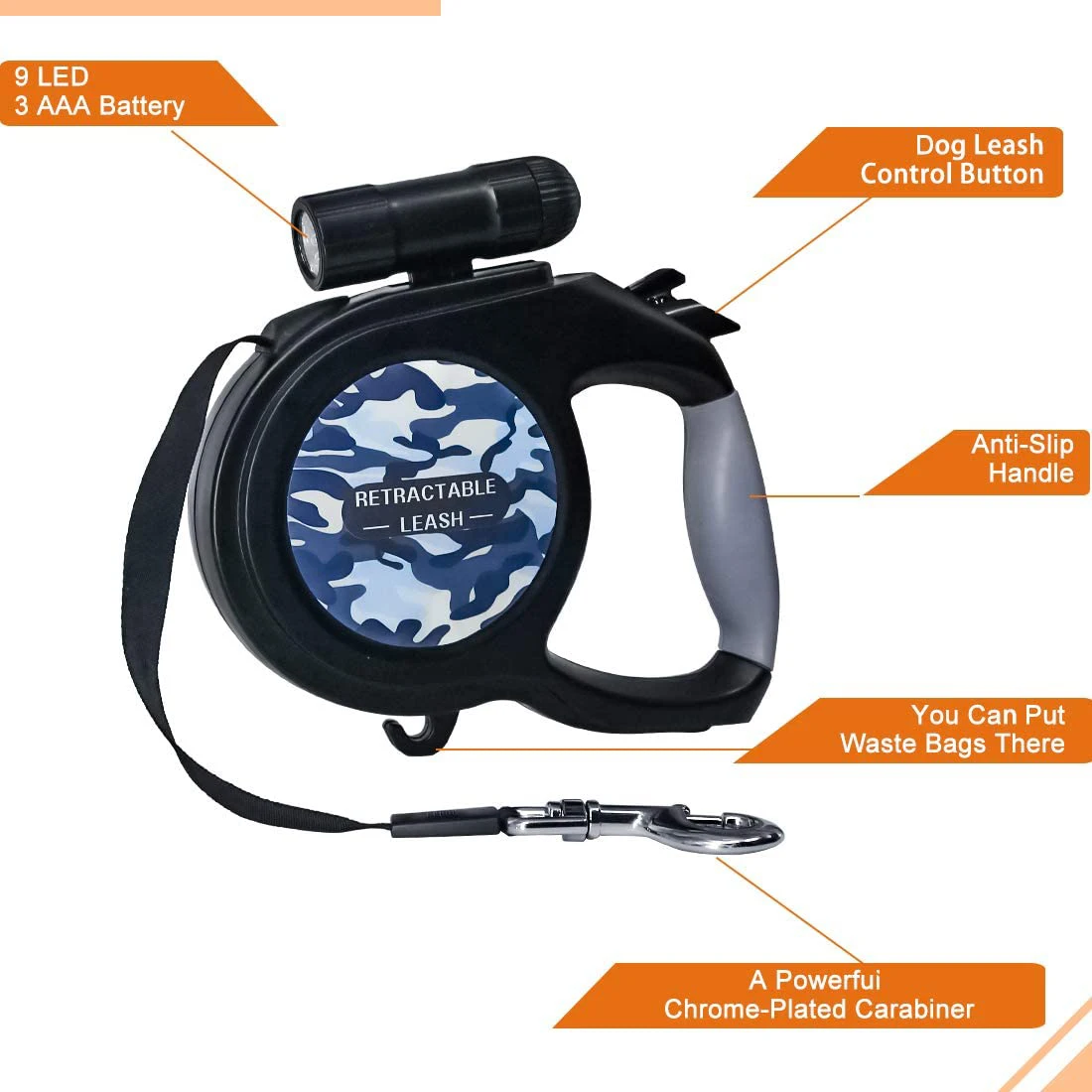 

Retractable Dog Leash, 8M/26ft Pet Walking Leash with LED Detachable Flashlight for Small Medium Large Dog ,with Lock and Hook