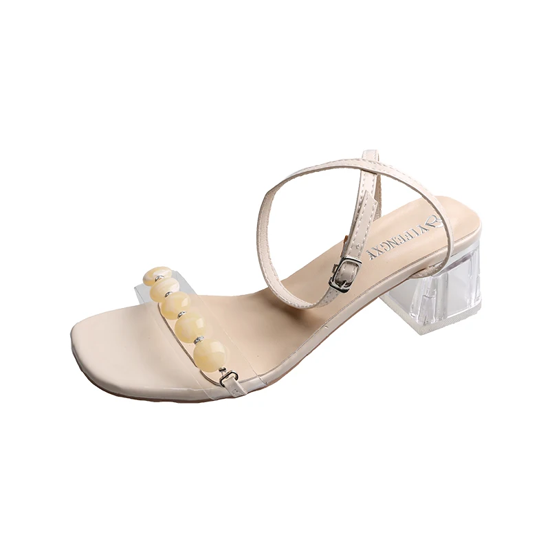 

Comfort Shoes for Women Female Sandal Med 2021 Summer High Heels Buckle Strap Girls New Medium High-heeled Fashion Pearl Clear B