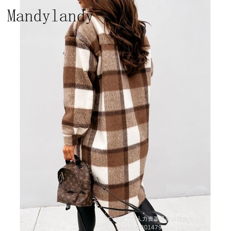 

Mandylandy Woolen Coat Women's Long Sleeve Single-Breasted Turn-down Collar Woolen Coat Autumn Winter Plaid Loose Cardigan Coat