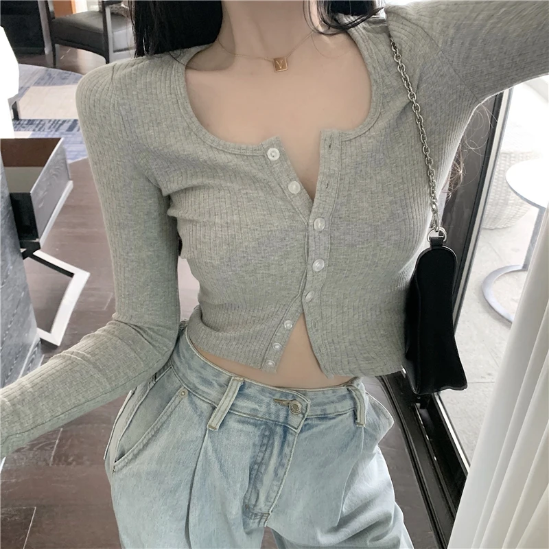 

ZCSMLL Knitted cardigan women's tight-fitting bottoming shirt, white short top, autumn new slim long-sleeved inner sweater