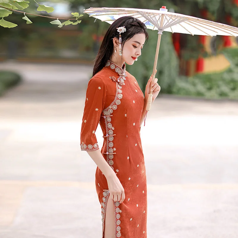 SHENG COCO Female New Long Sleeve Single Layer Twill Velvet Floret Fabric Elegant Orange Qipao Dresses Medium Length Qipao