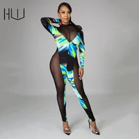 new printed sexy casual mesh stitching fashion jumpsuit for women 2021 autumn winter one piece outfit black club playsuits