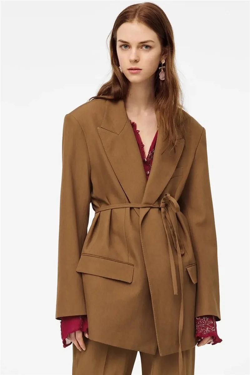 

Женский офисный блейзер с завышенной талией, однотонный Повседневный свободный Блейзер на завязках, Осень-зима 2021