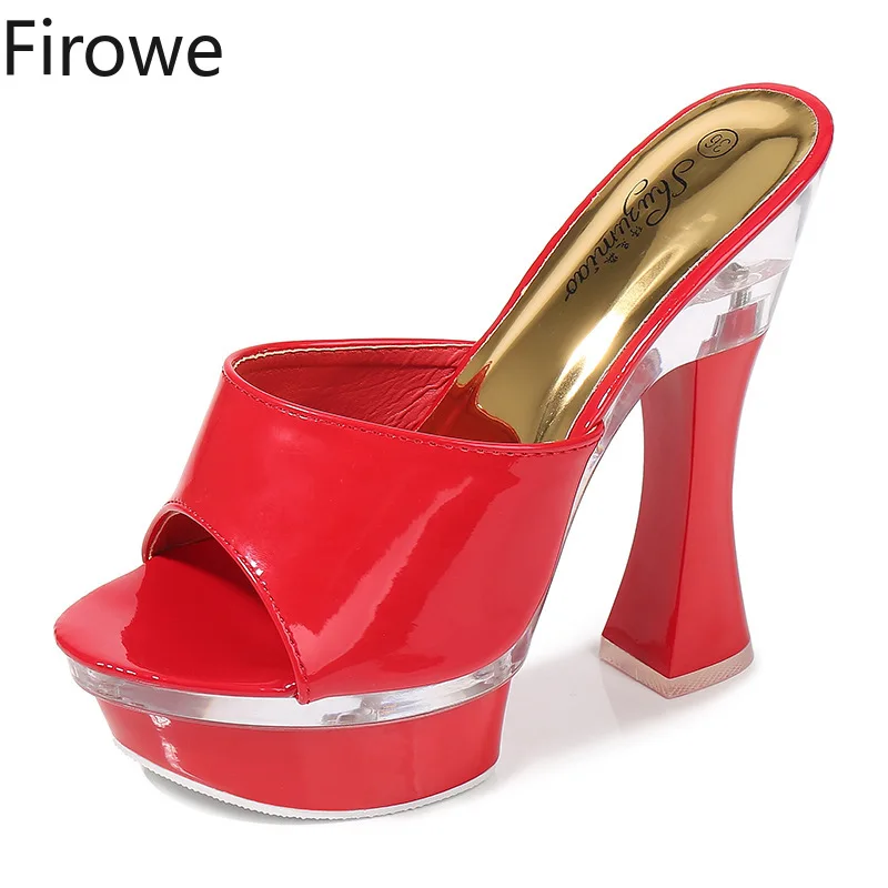 

Firowe Women PU Square Heel Slides Woman Shoes High Heels Sexy Modern Chunky Heel Summer Slipper Size 43 Women's Shoes 14CM