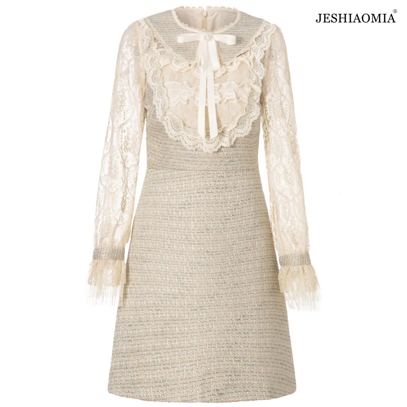 

JESHIAOMIA- 2021 Autumn Tie-neck Ruffle Lace Patchwork Dress