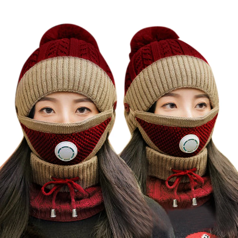Новая зимняя Женская Шапка бини с шарфом и маской теплая вязаная шапка помпоном
