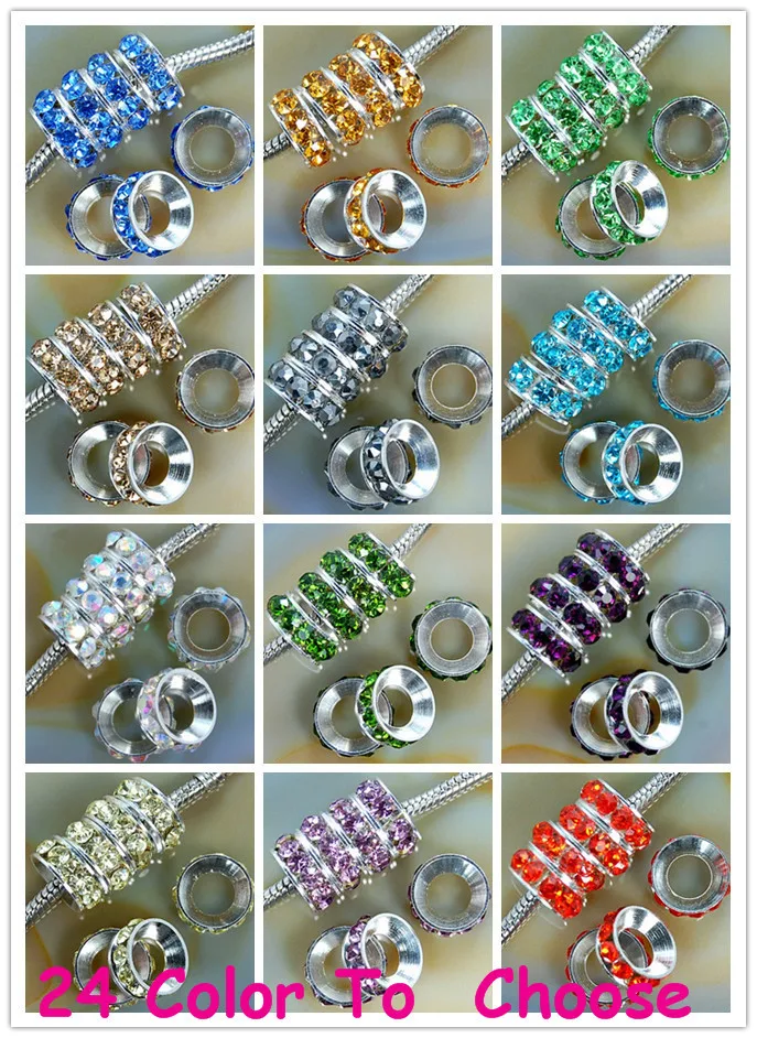 

hd23 10mm Mixed 12 Color Each 100 Pieces Rhinestone Crystal Rondelle Spacer Beads Lot,Rhodium Plated European Beads