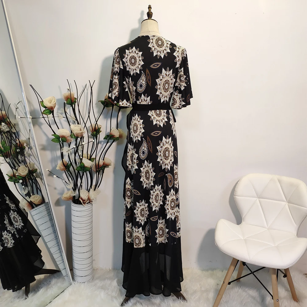 

New Design Summer Bohemian Women Printed Chiffon Femme Robe Stitching Fashion Slit Lrregular Vestidos Ladies Floral Beach Dress