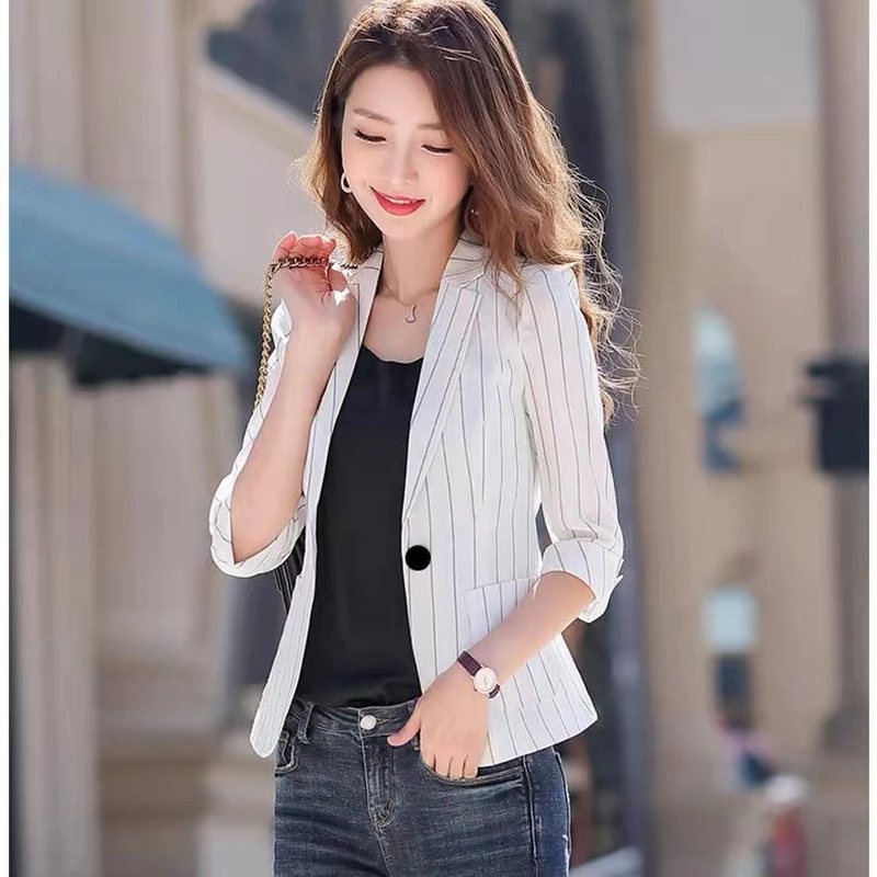 

New Spring Summer Women's Jacket 2021 Black White Striped Fashion Jackets Suit Three Quarter Sleeve Single Button Female Coat