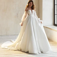 uzn elegant wedding dress long puffy sleeves a line satin bridal gown v neck pleated wedding gowns