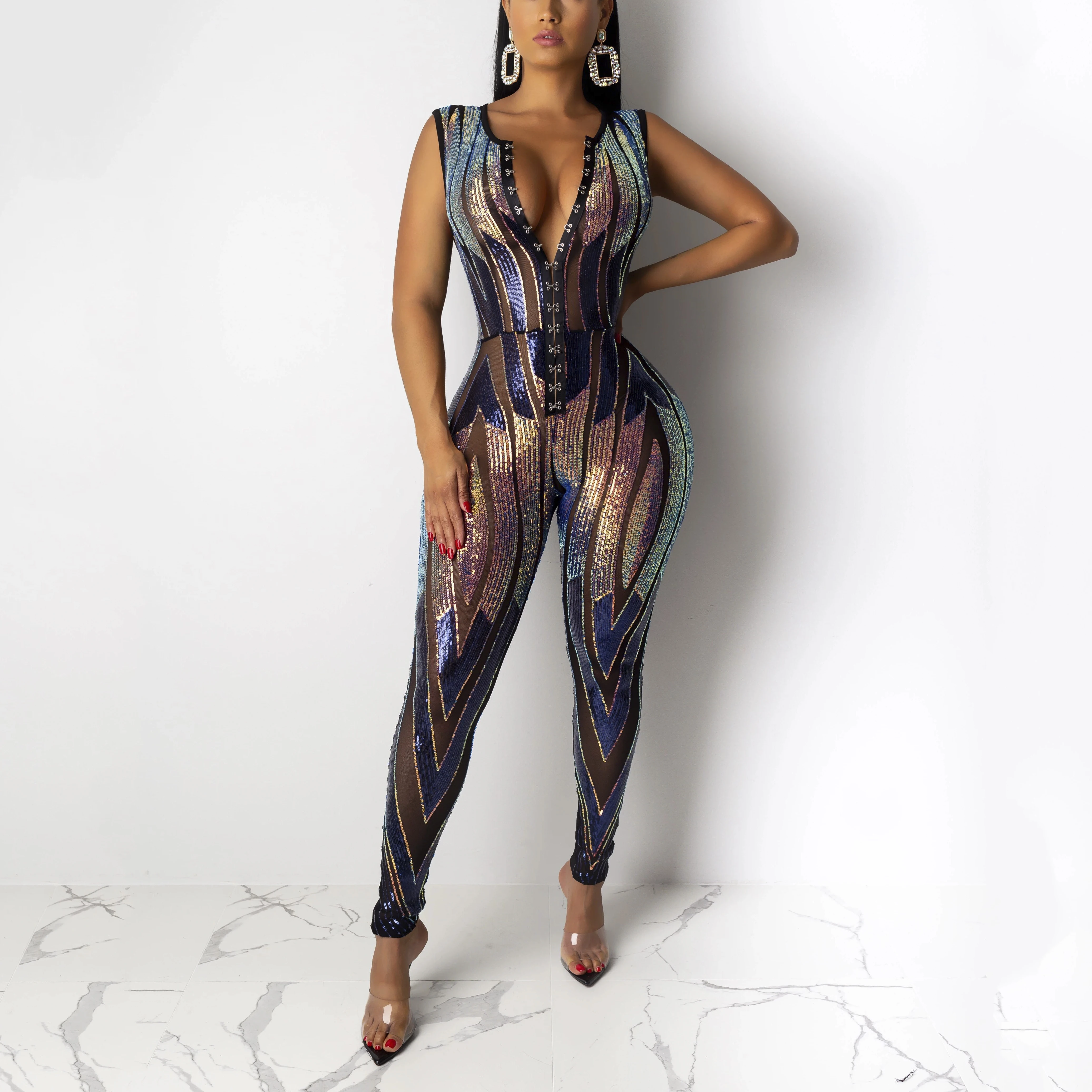 

Комбинезон женский, с блестками, с глубоким v-образным вырезом и высокой талией