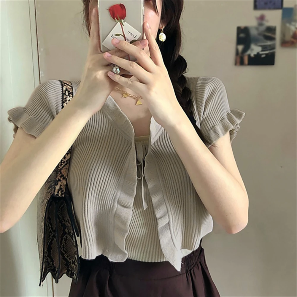

2021 Summer Women'S Knitted Outer Wear Lace Flounced Cardigan Jacket Korean Fashionable Sweet Straps Short Coat Tops Size F