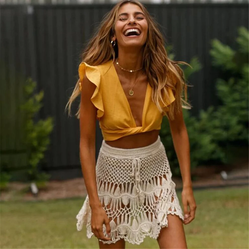 2019 White Bottoms Handmade Cotton Knitted Crochet Mini Skirts Women Summer Hollow Out High Waist Beach Skirt 810 | Женская одежда