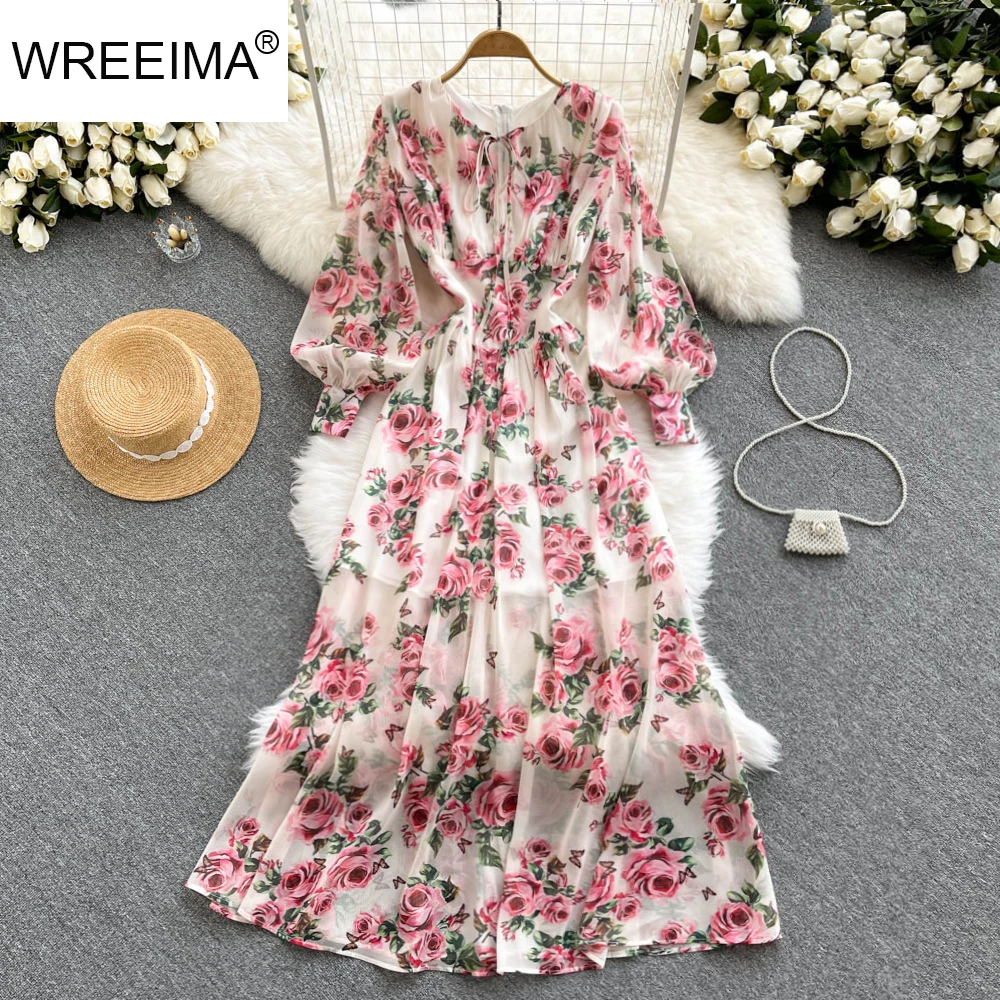 

Женское Элегантное Длинное Платье-рубашка, осень 2021, платье с длинным рукавом и цветочным принтом, повседневные шифоновые платья-миди в сти...