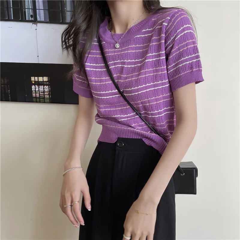 Модные футболки в полоску женская футболка короткий топ со складками вязаный