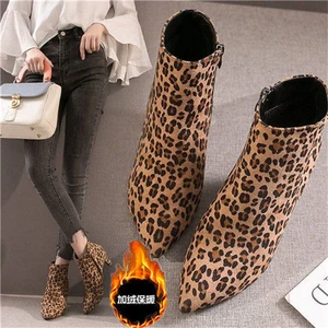 35-43 Plus Size Boots Autumn Winter Plus Cashmere Warm Pointed Toe Stiletto Boots Womens Leopard Martin Boots High Heel Shoes