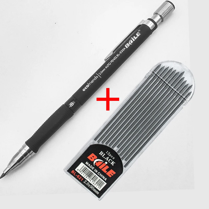 Black pen BB 1 шт. механический карандаш, 2,0 мм свинцовый стержень, черный/синий/серебристый бочонок автоматический карандаш для экзамена Рисование школьные офисные принадлежности - Цвет: Black pen BB