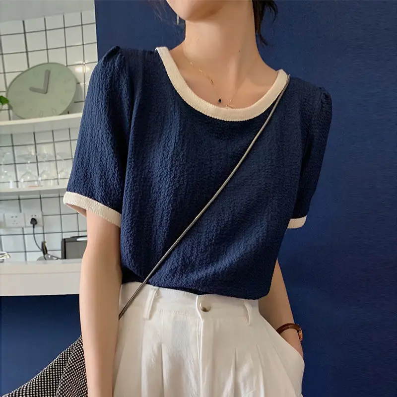 Chiffon shirt female Korean version 2021 summer new fashion small design stitching top short-sleeved pullover T-shirt trend